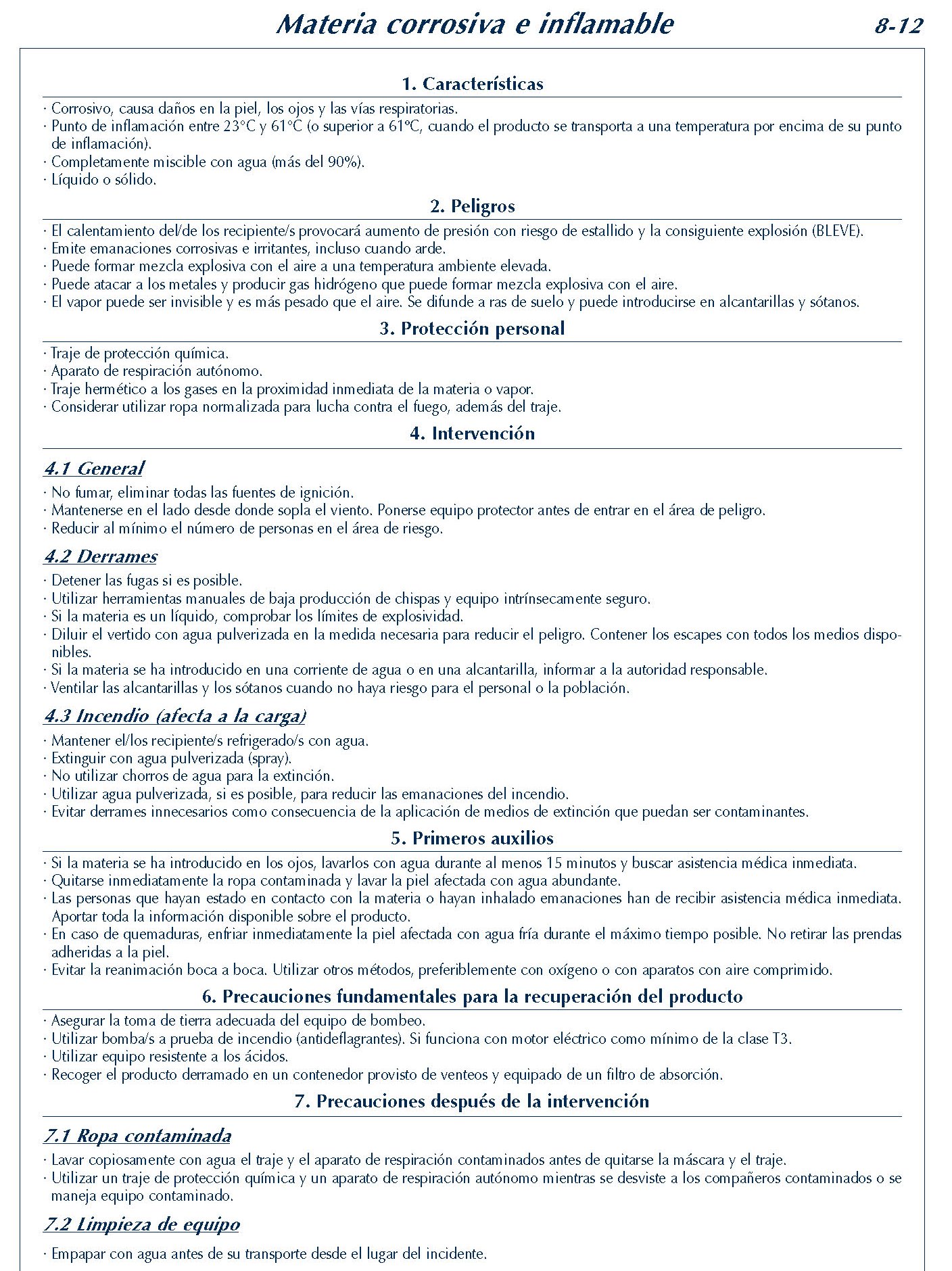 311 FICHA 8-12 MATERIA CORROSIVA INFLAMABLE FICHAS EMERGENCIA